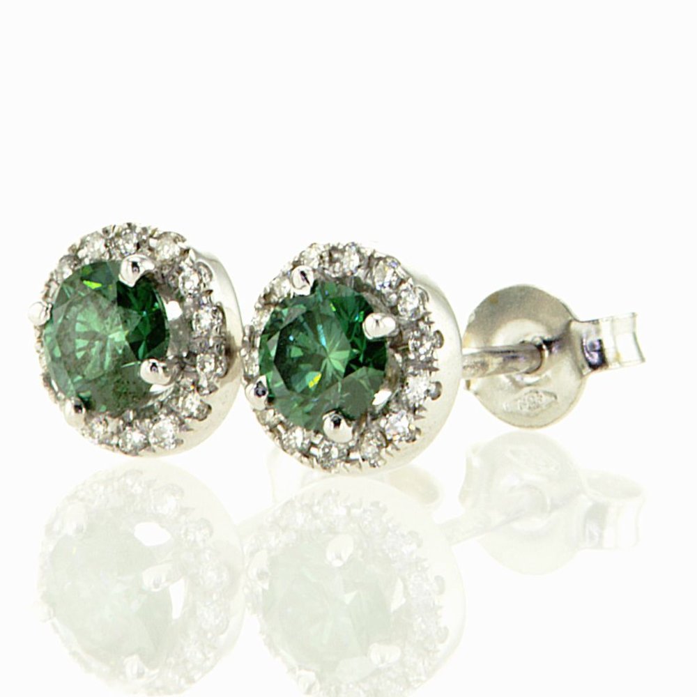 Diamond Halo Earrings Fancy Green Round VS2 0.92 TCW 14K White Gold - Picture 3 of 7